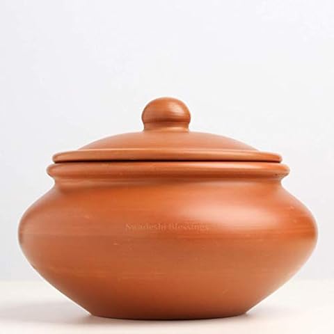 Swadeshi Blessings Exclusive Range Unglazed Earthen Dahi Handi/Curd Pot/Mitti Handi/Clay Pot with Lid, Also for Serving (with Natural White Firing Shade) (Red Traditional 1.3 Litres) Cover