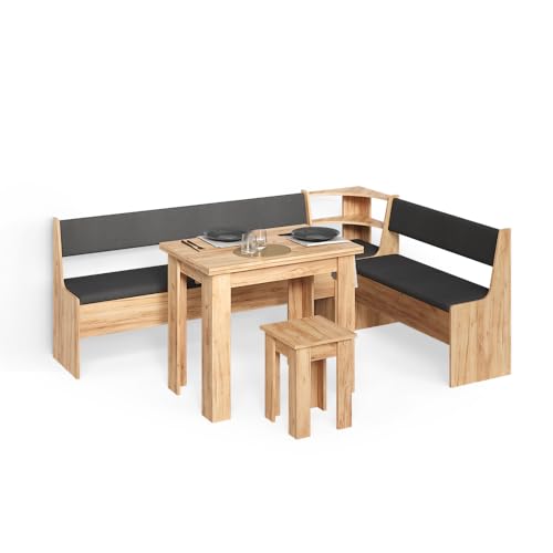 Livinity Conjunto con Banco esquinero Tiberio, Roble Dorado, 210 x 150 cm con Mesa