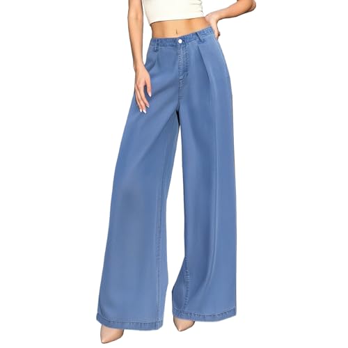 Women's Wide Leg Jeans, Baggy Denim Pants with Stretchy Mid Waist, Soft Loose Fit Palazzo Trousers for Women