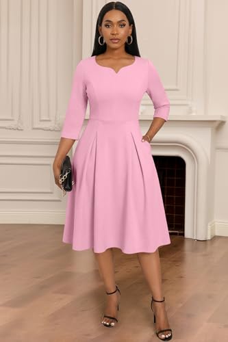 Image of Nmoder Fit-and-Flare Midi Dress V-Notch Neck Casual Dress Side Pockets | V-notch neckline;A-line swing silhouette; Soft breathable fabric; Perfect for church wedding guest work daily wear