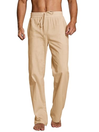 Image of PASLTER Mens Cotton Linen Pants Casual Summer Beach Pants Dress Trousers | Loose Fit, Elastic Drawstring Waist, Lightweight, Straight-Legs, Slacks, Yoga, Work, Vacation, Quick Dry