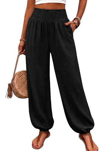 WIHOLL Womens Linen High Waisted Smocked Balloon Harem Jogger Pants Casual Summer Boho Hippie Lounge Capri Trousers with Pockets Loose Flowy Vacation Travel Resort Wear Fashion Outfits Black M