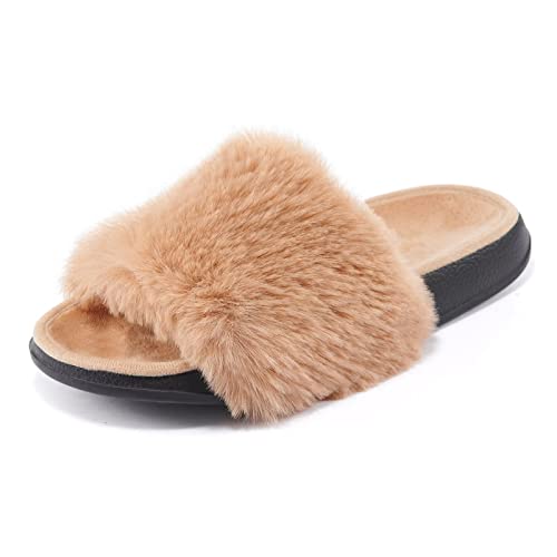 Puxowe Damen Fell Hausschuhe Plüsch Schlappen rutschfest Flauschige Pantoffeln Bequeme mit Weichem Pelz Offene Zehen Frauen Fluffy Flache Slipper Indoor Outdoor 40 EU Light Brown Cover