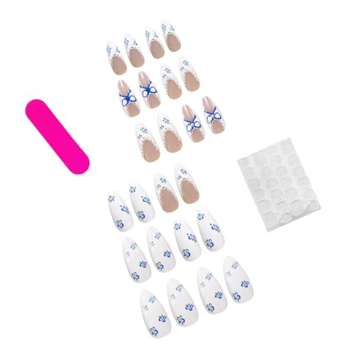 Image of White Press on Nails Medium Almond fake Nails with Bow Design Blueberry Glue on Nails Spring Reusable Artificial Acrylic Full Cover Stick on Nails Pearl French Tip False Nail for Women Manicure 24Pcs