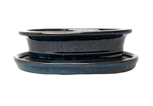 Glazed Ceramic Bonsai Pots with Matching Drip Trays (Blue, 16cm) - Image 2