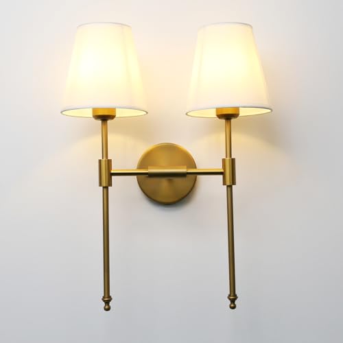 Image of PERMO Classic Rustic Double Sconce Large 2-Lights Wall Sconce with Flared White Textile Lamp Shade and Antique Brass Finished Long Arm, Wall Sconce Light Fixture for Living Room Bathroom Bedroom