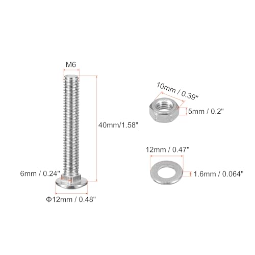 Image of uxcell M6x40mm Square Neck Carriage Bolts with Nuts & Washers, 12Set 304 Stainless Steel Round Head Square Neck Coach Bolt Screws, Silver Tone
