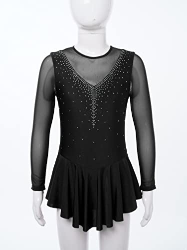 Agoky Kid Girls Shiny Figure Ice Skating Dress Long Sleeve Gymnastic Leotard Dress Roller Skater Ballet Dance Dress Dancewear Black 7-8 Years #TOP4