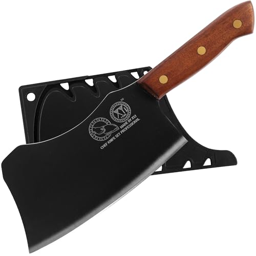 XYJ Coltello da cucina da 7 pollici con fodera, acciaio inossidabile, coltello da macellaio a lama larga nero, Full Tang, carne taglierina, coltello vegetale cinese, manico in legno