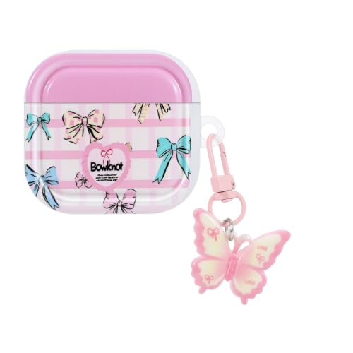 Coque AirPods 4 antichoc en TPU souple rose avec motif nœud et pendentif papillon