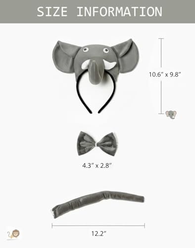 Image of Grey Elephant Headband with Bow and Tail Costume Set,Halloween Animal Ears Costume Dress Up Suit, Cosplay Party Supplies for Adult