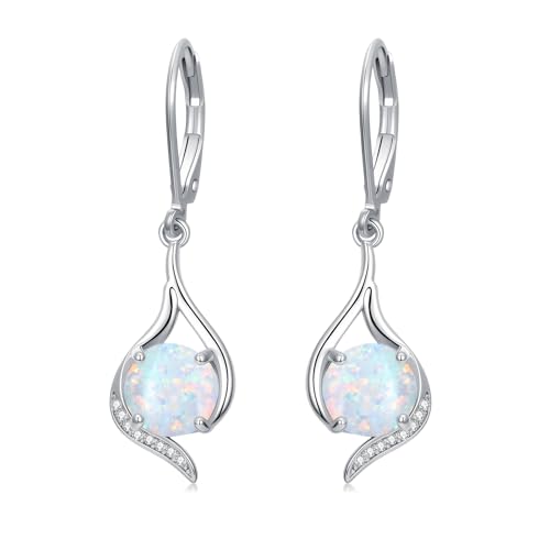 S925 Sterling Silver Opal with Genuine Diamond Earrings for Women October Birthstone Leverback Dangle Earring Birthday Valentine's Day Christmas Gift for Her