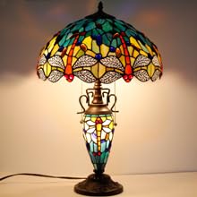WERFACTORY Tiffany Table Lamp Sea Blue Yellow Stained Glass Dragonfly Mather-Daughter Vase Table Lamp 16X16X24 Inches Desk Light — view 4