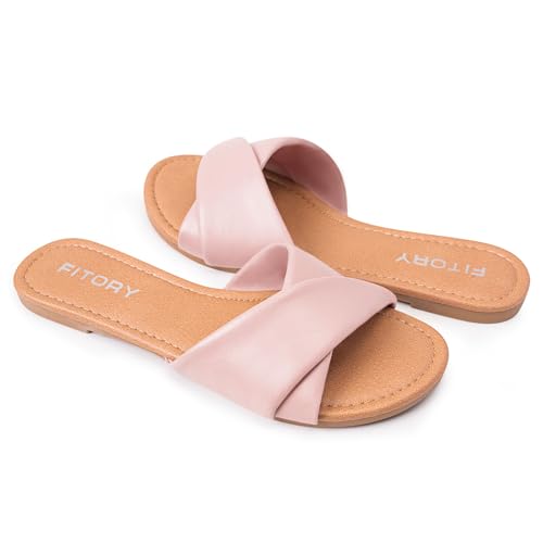 Image of FITORY Women's Flat Sandals Fashion Slides With Soft Leather Slippers for Summer Size 6-11