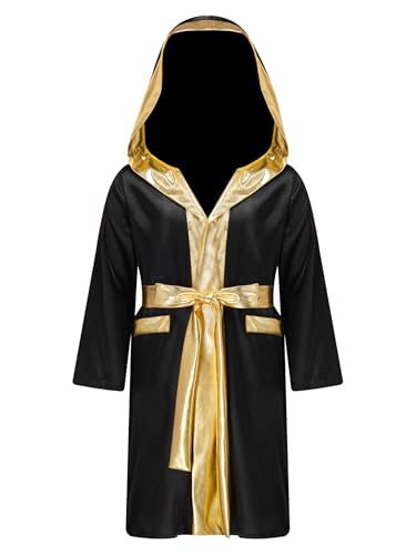 Vxuxlje Boys Long Sleeve Boxing Robe Uniform Boxing Training Robe with Belt for Halloween Cosplay Costume Black 11-12 Years