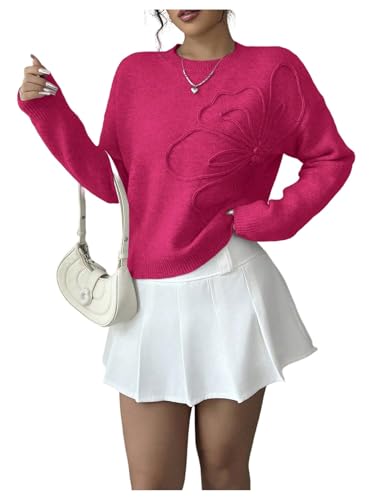 Image of RoseSeek Women's 3D Floral Appliques Crewneck Sweaters Long Sleeve Drop Shoulder Pullovers Elegant Knit Tops