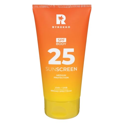 BYROKKO Body Sunscreen SPF 25, 150 ml - Broad Spectrum Protection Sun Cream for Sensitive Skin – Lightweight, Non-Greasy, Hydrating with Shea Butter & Vitamin E, Tropical Scent, No White Cast