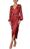 Womens Evening Dresses Deep V-Neck Long Sleeve Tie Waist Split Date Night Dress Red S
