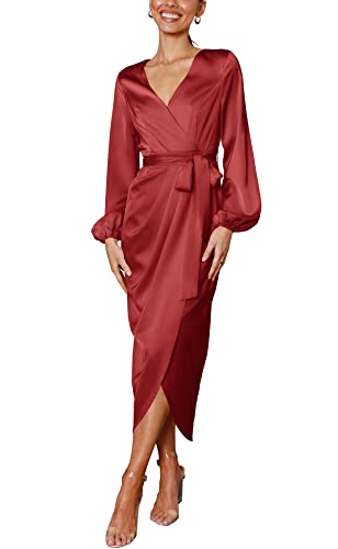 Womens Evening Dresses Deep V-Neck Long Sleeve Tie Waist Split Date Night Dress Red S #TOP17