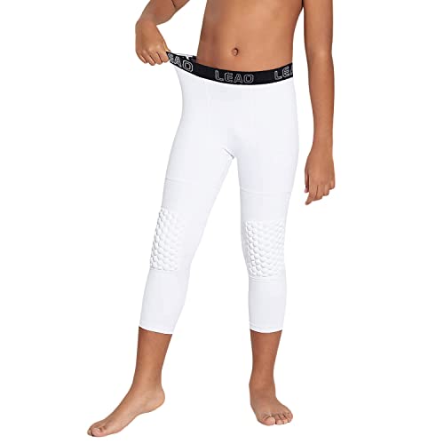 LEAO Youth Boys 3/4 Compression Pants with Knee Pads Cool Dry Basketball Tights Sports Capri Leggings3