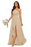Aosadin One Shoulder Chiffon Bridesmaid Dress with Ruched A Line Long High Slit Bridesmaid Dresses for Women Champagne 06