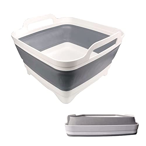 ddLUCK Lavabo plegable con tapón de vaciado y asas de transporte, gran capacidad de 9 l, fregadero de camping para verduras, frutas, alimentos, lavandería (gris)