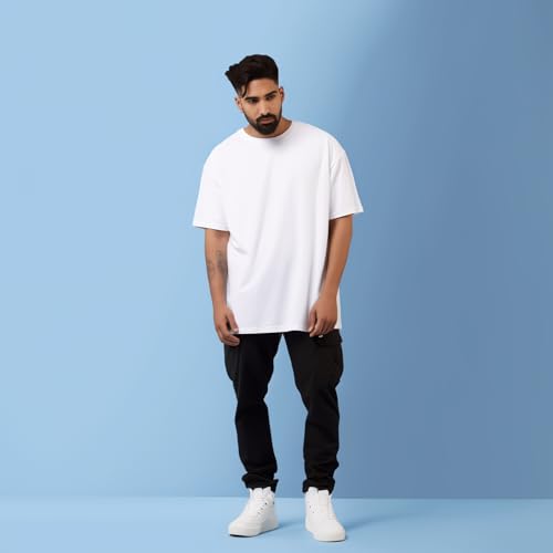 Image of prabhu bhakti Mens Oversized Fit Solid Half Sleeve Cotton White /Black Oversized T-Shirts