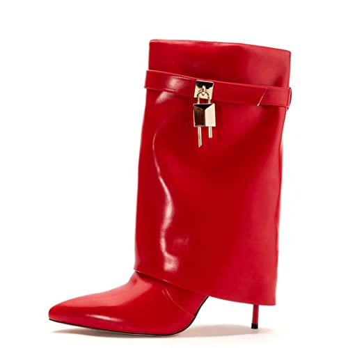 Arqa Fold Over Booties Stiletto Heel Padlock Ankle Boots Pointed Toe Short Boot