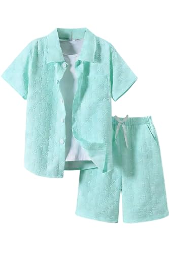 Ayzozuy Boys Summer 2-Piece Outfit Size 6-13 Short-Sleeve Textured Button-Down Shirt & Solid Elastic-Waist Shorts Set size 6 7