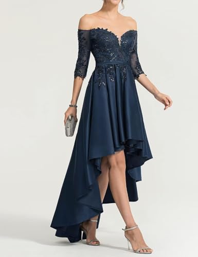 High Low Prom Dress with Sleeves Satin Off Shoulder Cocktail Dress A Line Formal Evening Gown PM2332