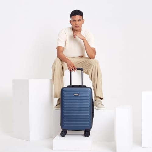 Image of THE ASSEMBLY Hard-Sided Cabin Luggage Lightweight 55 Cms - Premium Polycarbonate Trolley Bag With Spinner Wheels For Flight Travel 20 Inches - Blue, Small