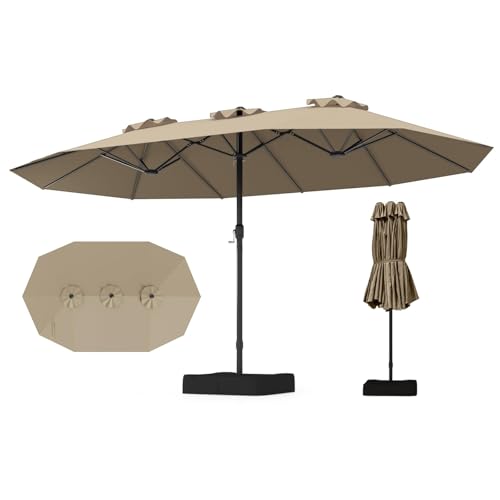 GOPLUS Parasol de Jardin Exterieur avec Pied, 4,5M Grand Parasol Rectangulaire Double Face, avec Manivelle, 12 Baleines, Base avec Sacs de Sable, pour Piscine...