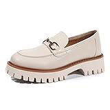 MACNMEUU Platform Loafers for Women Chunky Heel Lug Sole Loafers Slip ons Round Toe Beige, Size 11