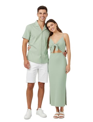 Image of PATPAT Couples Matching Outfits Bodycon Dress & Button-Down Shirt | Matching Cruise Outfits for Couples, Beach Vacation Outfits, Tie Front Cutout Slit Bodycon Sundress, Linen Men's Shirt
