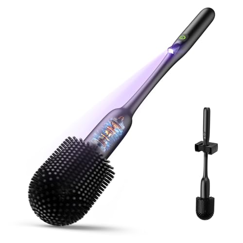 EKZ Electric Toilet Brush with UV Stain Detection High-Torque Deep Cleaning Dual-Speed 80/200 RPM Silicone Brush Head Wall-Mounted Holder Type-C Rechargeable Black