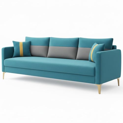 Image of FURNY Cassol 3 Seater Fabric Sofa Set (Aqua Blue-Dark Grey) Premium Velvet Finish | Durable Comfort | Ideal for Living Room