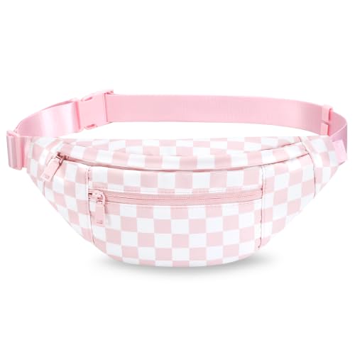 Crossbody Fanny Pack for Women Pink Checkered Bag with 4-Zipper Pockets