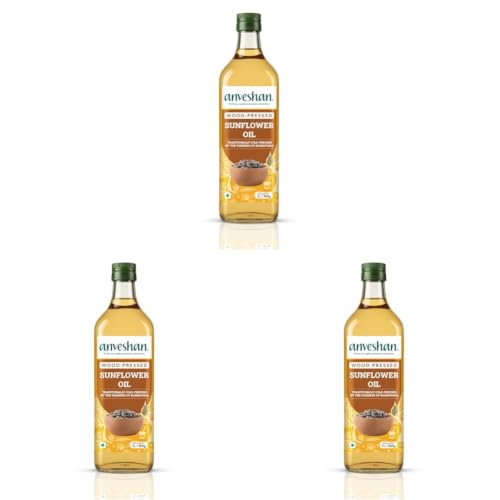 Image of Anveshan Wood Cold Pressed Sunflower Oil 1L | Plastic Bottle | Kolhu /Chekku | Extracted on Wooden Churner | Natural | Chemical-Free | Cold Pressed Sunflower Oil for Cooking (Pack of 3)