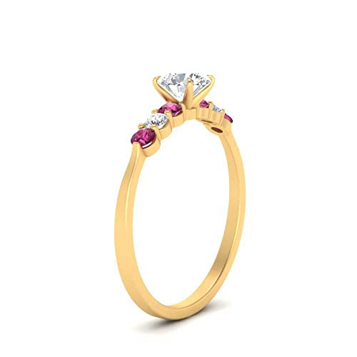 Image of Choose Your Gemstone Round Accented Diamond CZ Ring Yellow Gold Plated Round Shape Side Stone Engagement Rings Matching Jewelry Wedding Jewelry Easy to Wear Gifts US Size 4 to 12
