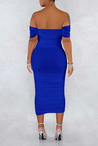 Image of Fooullaide Women's Sexy Off Shoulder Sleeveless Bodycon Ruched Midi Dress | Stretchy, Breathable, Mesh, Not See-Through, Elegant,Formal Gown, Cocktail, Evening, Party, Night Out Tube Dresses