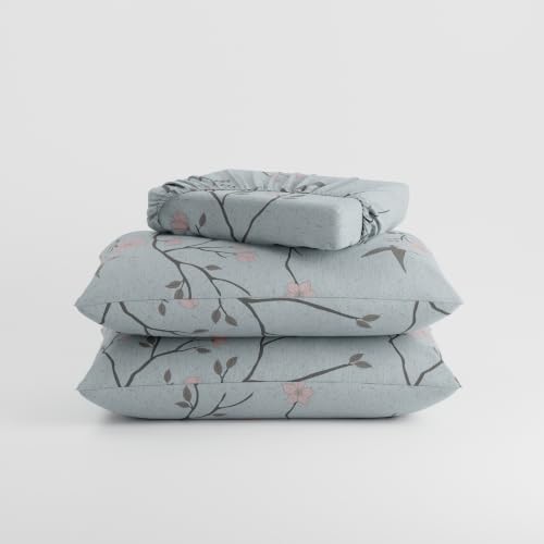 Image of BLISSHOME SoftTouch 140TC Cotton King Size Fitted Bedsheet with 2 Pillow Covers, Silky Smooth Bedding Set, Breathable, Easy Maintain, Floral Print - Grey, Pink (182cm x 198cm x 25cm Drop)
