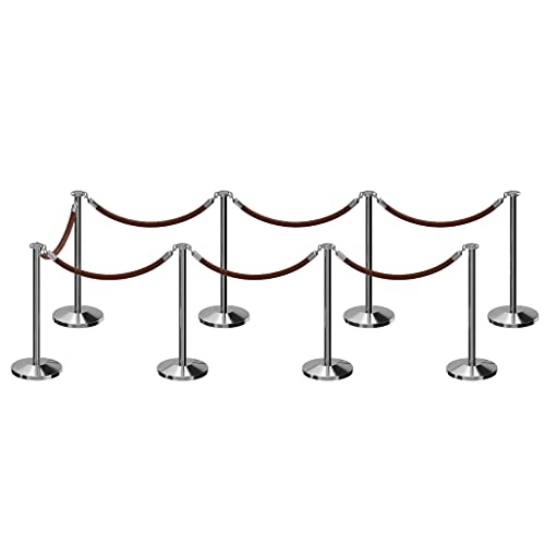 CCW Post and Rope Stanchion Kit with 8 Polished Stainless Steel Flat Top Posts and 7 Tan Heavy Duty Velvet Cotton Core Ropes (6ft.Each) in Polished Stainless Snap Ends