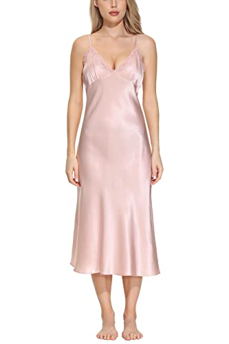 Oscar Rossa Women's Long Silk Nightgown 100% Silk Full Slip Chemise With Charming Lace, Bridal Rose #TOP9