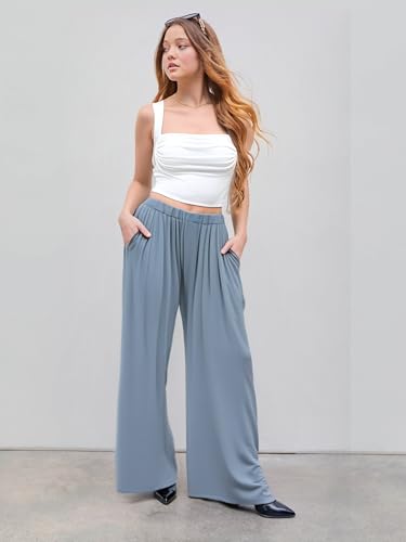 Image of CIDER Palazzo Pants for Women Wide Leg Flowy Pants with Pockets Elastic Mid Waist Summer Beach Vacation Outfits Lightweight