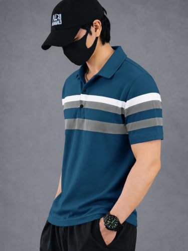 Image of Noble Monk Men's Striped Polo Neck Half Sleeve Casual T-Shirt with Regular Fit