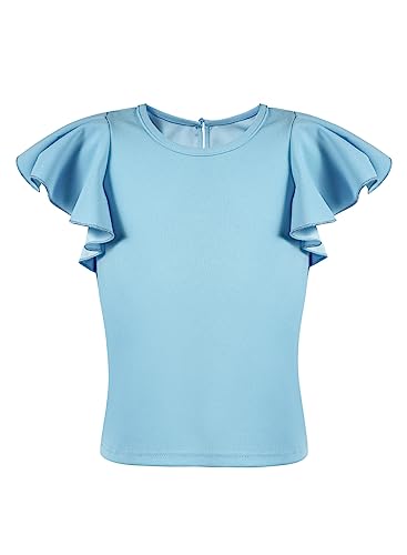 Blibean Girl Summer Blouse Cute Butterfly Short Sleeve Shirts Tween Kids Fashion Ruffle Tops Casual Clothes Solid Outfits Clothing Size 8-9 Years Large Sky Blue #TOP14