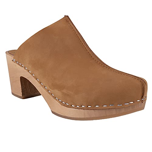 Vollsjö Mujeres Zuecos Negros Hecho De Madera Y Cuero, Zapatillas Zapatos De Madera para Señoras Cómodos Calzado De Casa, Clogs De Madera, Zapatillas De Casa, Hecho En La UE, 39, Marrón Claro Cover
