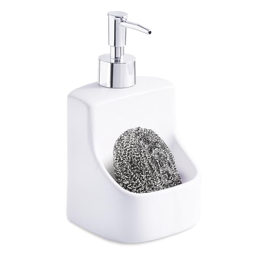 Ceramic Soap Dispenser with Sponge Holder – 10oz Refillable Liquid Dish or Hand Soap Pump Bottle for Kitchen or Bathroom Sink, 2-in-1 Countertop Organizer (White)