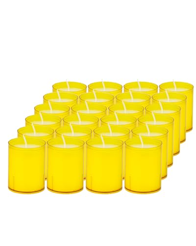 Refill Kerzen Gelb 24 Stück - Kerze in Kunststoff-Hülle - ca. 24 Stunden Brenndauer - Kerzen Deko Innen & Außen - Schützt Glas & Dekoration