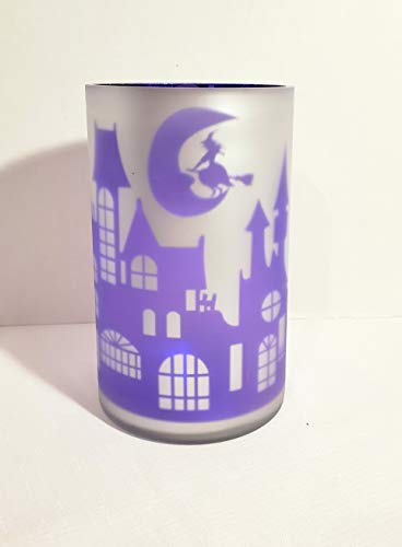 New Flying Witch Haunted House Halloween Design Pillar Jar Candle Holder Silver & Purple 8